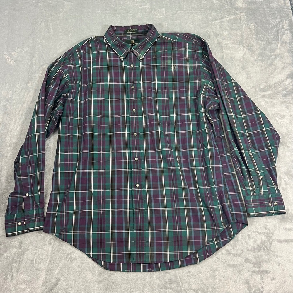 NORDSTROM Button Down Shirt Men's‎ XL Plaid LS Blended Poplin Green Purple